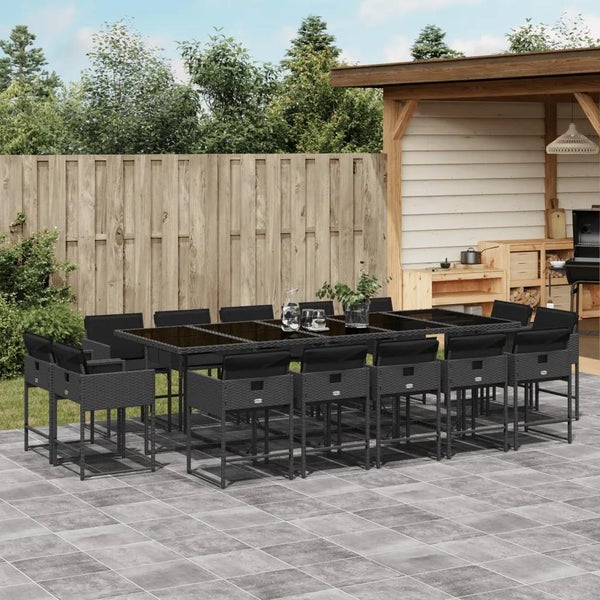 15-tlg. Garten-Essgruppe mit Kissen Schwarz Poly Rattan