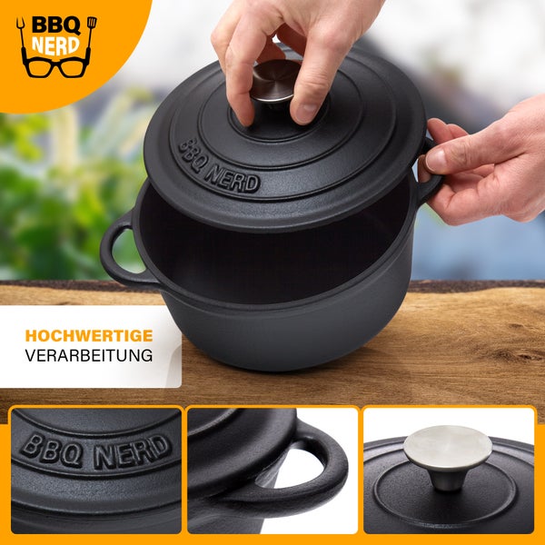 BBQ-Nerd Bräter (rund) mit Deckel 2,5 L aus Gusseisen mit Emaille-Beschichtung | Bratentopf Kochtopf Gusseisentopf - ideal zum langsamen Garen | Energieeffiziente, wärmespeichernde Cocotte