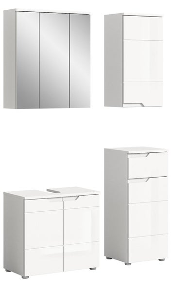 Vierteiliges Badezimmermöbel-Set in Hochglanz Weiß, bestehend aus Spiegelschrank, Hängeschrank, Waschbeckenunterschrank und Beistellschrank.