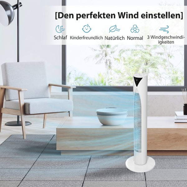 Moderner weißer Turmventilator im hellen Wohnzimmer mit Funktionen für Schlafmodus, kinderfreundlich, natürlich, normal und 3 Geschwindigkeiten.