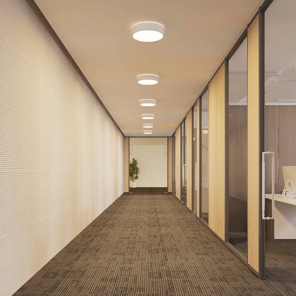 Moderner Büroflur mit runden weißen Deckenleuchten, Glastrennwänden, Holzpaneelen und einer strukturierten Wand.