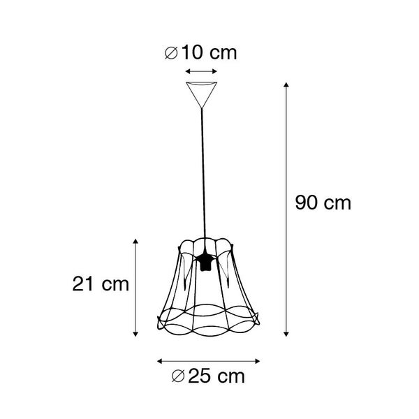 Technische Zeichnung einer Pendelleuchte mit den Maßen: Durchmesser Lampenschirm 25 cm, Höhe Lampenschirm 21 cm, Durchmesser Deckenaufhängung 10 cm, Gesamthöhe 90 cm
