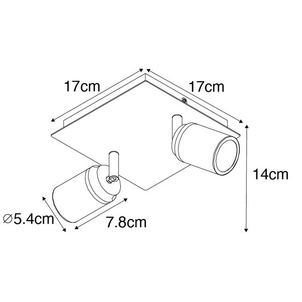 Technische Zeichnung einer Deckenleuchte mit zwei Strahlern und Maßangaben.
