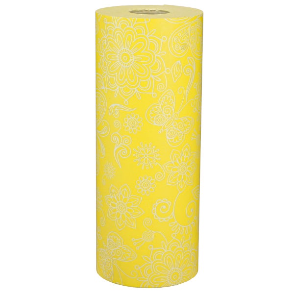 Gelbe Tapetenrolle mit weißem Blumenmuster und Schmetterlingen.
