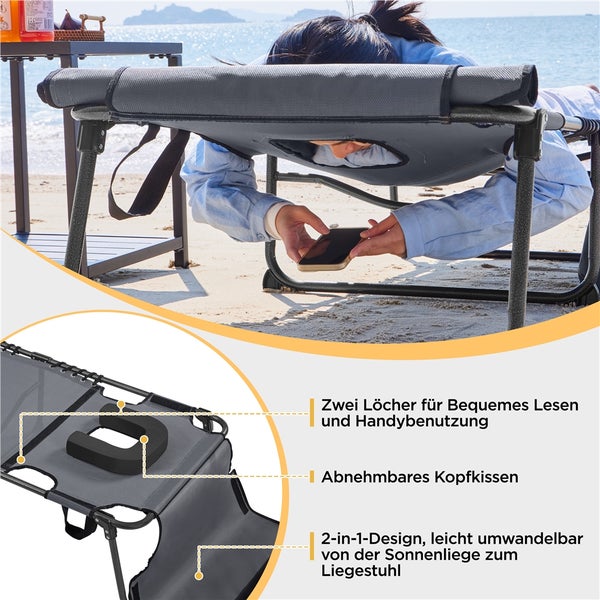 Strandliege mit zwei Löchern zum Lesen und für die Handynutzung, inklusive abnehmbarem Kopfkissen, umwandelbar von Sonnenliege zum Liegestuhl