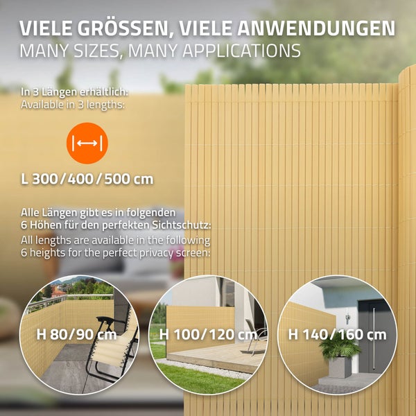 ECD Germany PVC Sichtschutzmatte 140 x 800 cm (2x 4m), Bambus, Sichtschutzzaun 3-Gewicht-Verstärkung, UV-beständig, Windschutz Balkonverkleidung Zaunblende, Sichtschutz für Garten, Balkon & Terrasse