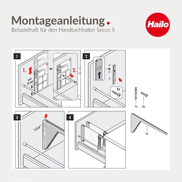 Montageanleitung fuer den Hailo Handtuchhalter Secco S mit Schritt fuer Schritt Darstellung der Installation am Kuechenschrank.
