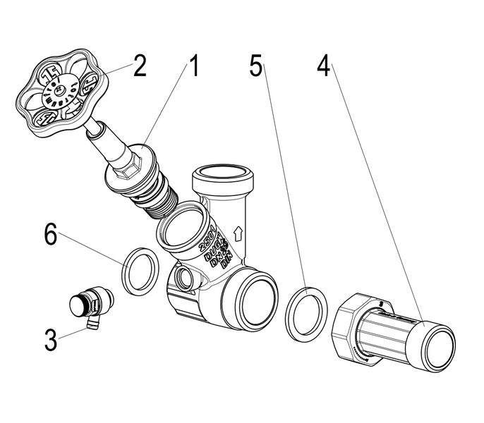 Explosionszeichnung eines Schrägsitzventils mit nummerierten Einzelteilen von eins bis sechs für die Montage.