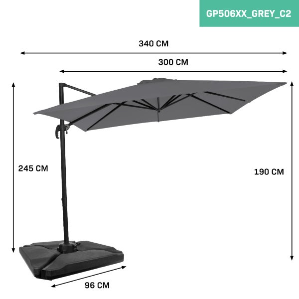 VONROC Freitragender Premium-Sonnenschirm Pisogne 300x300cm - Kombi-Set inklusive füllbaren Premium-Sonnenschirmfliesen – Um 360 Grad drehbar – Neigbar – Grau