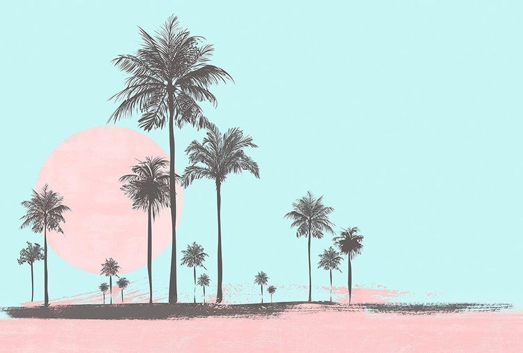 Wandtapete mit Palmen-Silhouetten und großer Sonne in einem grafischen Tropen-Design.