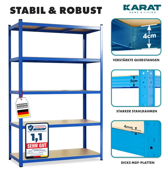Blaues Schwerlastregal, 5 Zentimeter Stahlrahmen, 4 Millimeter MDF-Platten, 4 Zentimeter verstärkte Querstangen. Karat Home & Living Logo. Sehr gut.