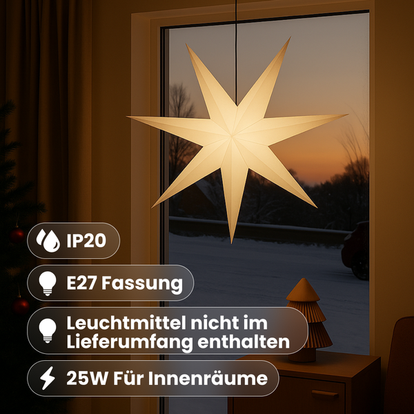 Sternleuchte als Dekoration vor Fenster mit Hinweisen zu Schutzart IP20, E27 Fassung, 25 Watt Leistung und dass Leuchtmittel nicht enthalten ist