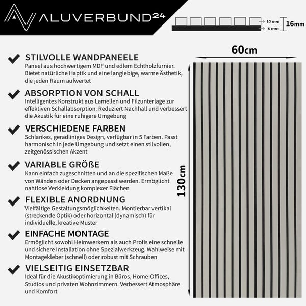 Wandpaneel mit Lamellenstruktur und schallabsorbierendem Filz, 130 Zentimeter mal 60 Zentimeter, zur Wand- und Deckenverkleidung.