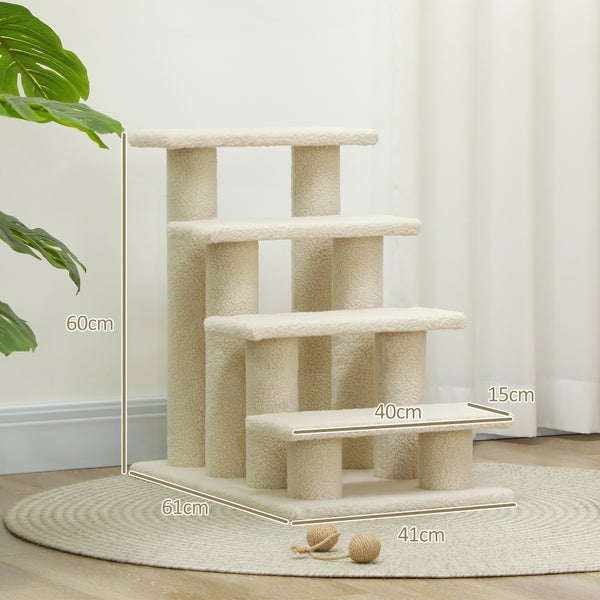 PawHut Tiertreppe Katzentreppe Hundetreppe Treppe für Katze und Hunde 4 Stufen Cremeweiß 63,5x43x60cm