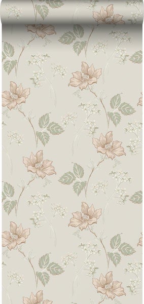 Borastapeter Tapete Blumen Beige und Grün - 53 cm x 10.05 m - 660835