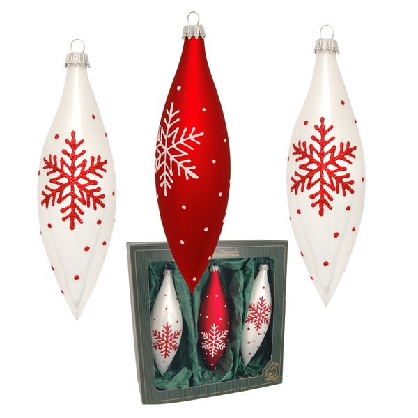 Scandic Xmas Schneeflocke, 3er Set, Oliven, weiß glanz/rot, 15cm, 3 Stck., Weihnachtsbaumkugeln, Christbaumschmuck, Weihnachtsbaumanhänger