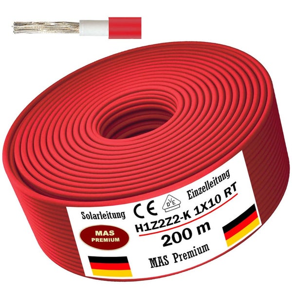 Rote Solarleitung H1Z2Z2-K 10 Quadratmillimeter, 200 Meter Rolle, Einzelleitung, MAS Premium Logo, Europäische Konformität, VDE Zertifikat.