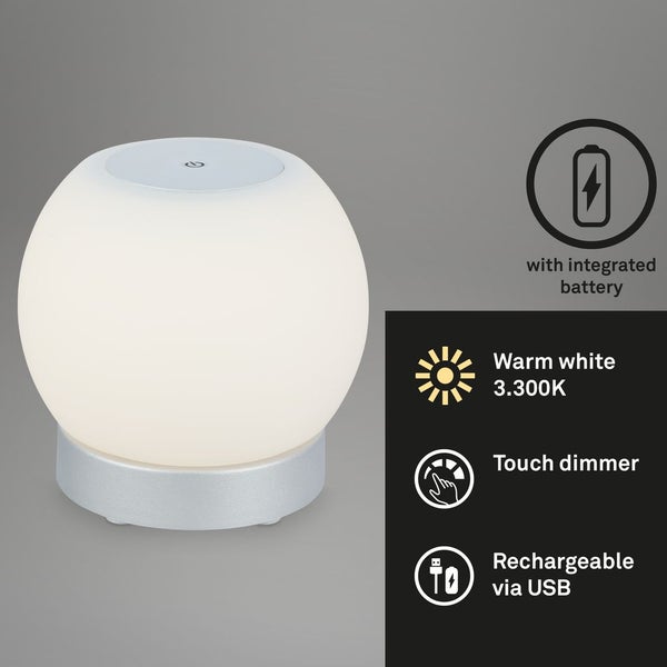 LED Tischlampe Akku Dimmbar Glas Kabellos Touchfunktion 3W chrom Ø16cm Briloner