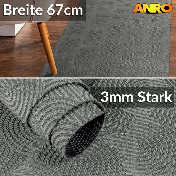 Grauer Teppich mit geometrischem Muster und ANRO Logo, Breite 67 Zentimeter und Stärke 3 Millimeter