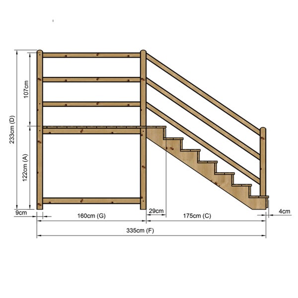 Technische Zeichnung einer Holztreppe mit Maßen