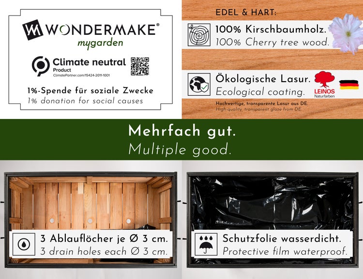 WONDERMAKE - Großes Hochbeet aus Kirschbaum Holz für Garten Balkon Terrasse, Pflanzkasten Bausatz XL hochwertig rechteckig mit Innen-Folie, Kräuterbeet Pflanzenkasten deko, dunkel-braun schwarz