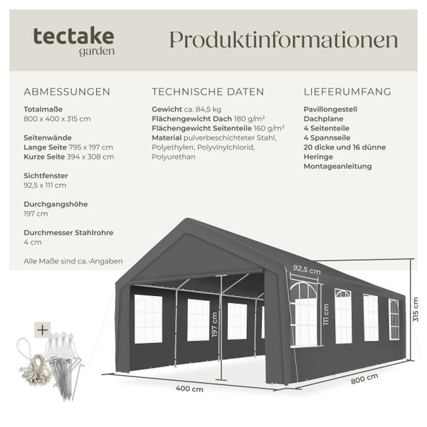 Partyzelt tectake Mammut inklusive Spannseilen und Heringen 8 x 4 m grau