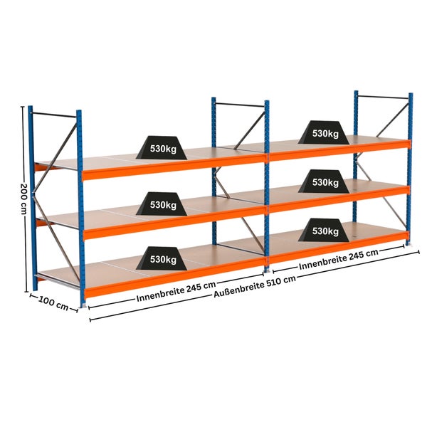 Lagerregal mit drei Ebenen und den Maßen 200 cm Höhe, 100 cm Tiefe und 510 cm Außenbreite