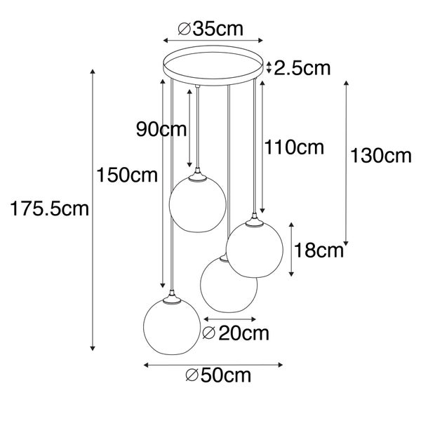 Maßzeichnung einer 4-flammigen Pendelleuchte mit Kugelschirmen. Durchmesser der Schirme 20 Zentimeter, Gesamthöhe bis zu 175,5 Zentimeter.