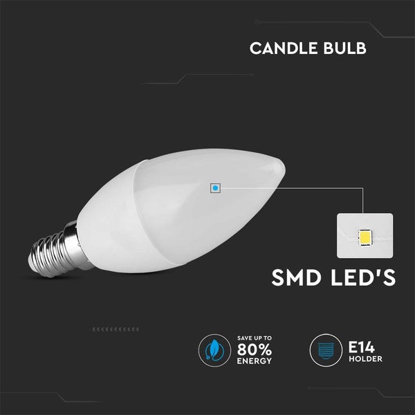 LED-Kerzenlampe mit E14-Sockel, SMD-LED-Technologie und 80 Prozent Energieersparnis.