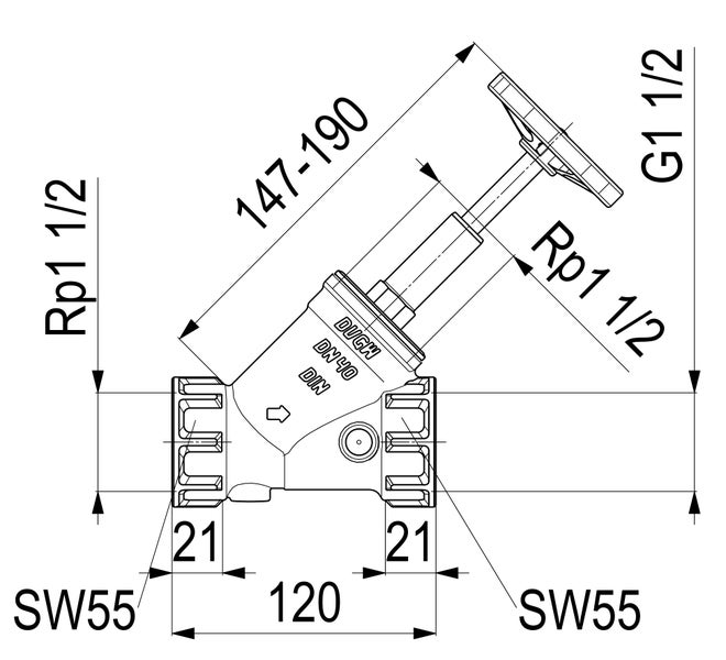 Technische Zeichnung eines Schrägsitzventils mit Maßangaben in Millimeter und Zoll, Handrad und Gewindeanschlüssen.