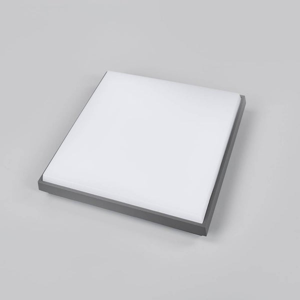 Quadratische LED-Deckenleuchte mit grauem Rahmen und weißer Kunststoffabdeckung.