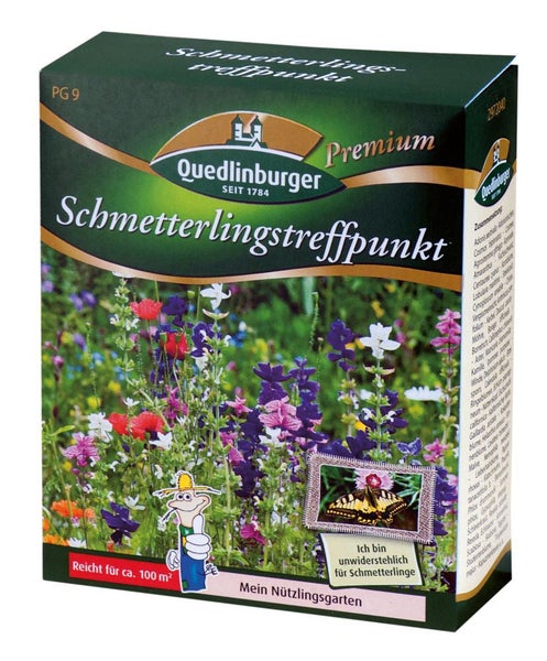 Packung Quedlinburger Premium Schmetterlingstreffpunkt Saatgutmischung für circa 100 Quadratmeter mit Abbildung einer Blumenwiese und Schmetterling.