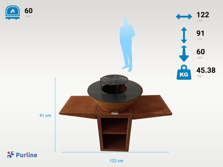 Produktabbildung mit Maßangaben eines Grills