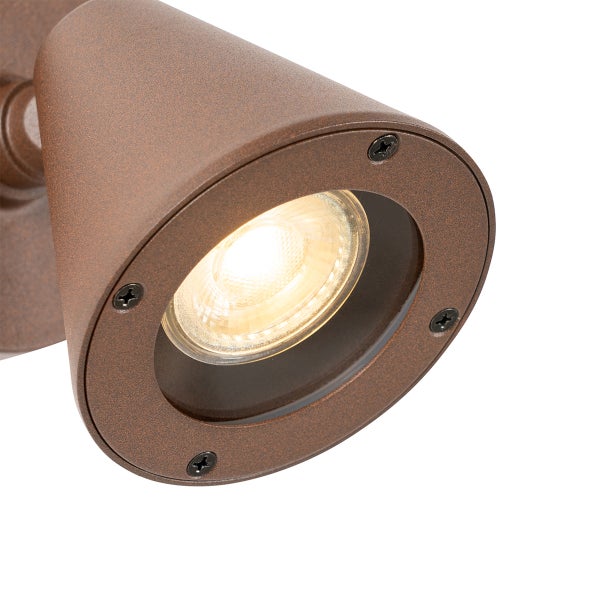 Brauner Außenstrahler mit LED-Leuchtmittel und strukturierter Oberfläche.