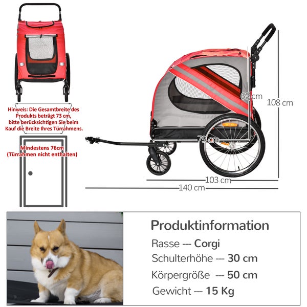 PawHut Hundewagen, 140L x 72,5B x 108H cm, Stahl, Oxford-Gewebe, Rot