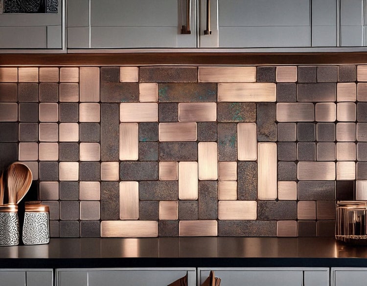 Küchenrückwand mit Metallmosaikfliesen in verschiedenen Größen