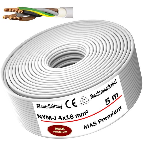 Mantelleitung NYM-J 4 mal 16 Quadratmillimeter, 5 Meter Rolle, MAS Premium Feuchtraumkabel mit vier Kupferadern, MAS Premium Logo.