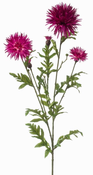 Künstlicher Kornblumenzweig mit magentafarbenen Blüten und grünen Blättern für die Dekoration.