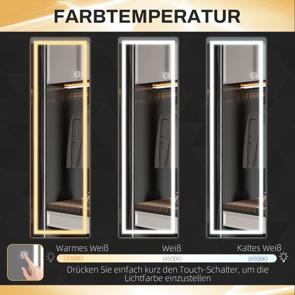 HOMCOM Wandspiegel 120 x 40 cm, Badspiegel mit LED-Beleuchtung, 3 Lichtbarben dimmbar, rechteckiger Ganzkörperspiegel mit Touch-Schalter, Memory-Funktion für Schlafzimmer, Badezimmer Schwarz