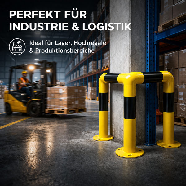 Gelb-schwarzer Säulenschutz aus Stahl in einem Lager mit Gabelstapler und Hochregalen. Ideal für den Rammschutz in Industrie und Logistik.