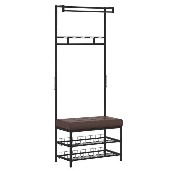 HOMCOM Garderobenständer Garderobenbank Kleiderständer Schuhregal mit Sitzfläche Garderobe mit Sitzfläche und 2 Schuhablagen, Metall, 72,5x35x180cm