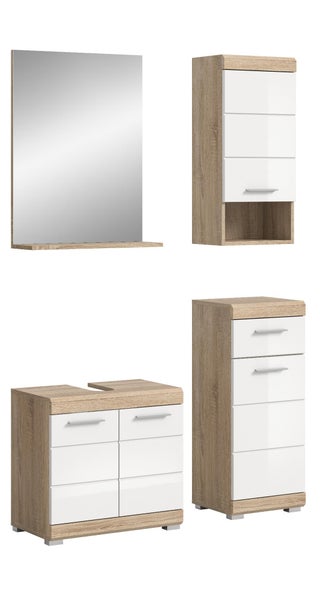 Badezimmermöbel-Set in Eichenoptik und Weiß, bestehend aus einem Spiegel mit Ablage, einem Waschbeckenunterschrank, einem Hochschrank und einem Hängeschrank.