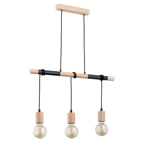Drei flammige Pendelleuchte aus Holz und Metall in Balkenoptik mit E27 Fassungen für eine moderne Innenbeleuchtung.
