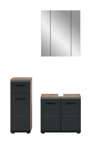 Badezimmermöbel Set aus dreitürigem Spiegelschrank, Seitenschrank und Waschbeckenunterschrank in Holzoptik mit dunkelgrauen Fronten.