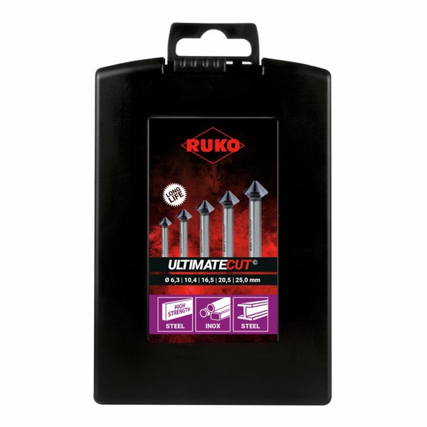RUKO ULTIMATE CUT Kegelsenkersatz in schwarzer Kunststoffkassette, 5-teilig, Durchmesser 6,3 bis 25,0 Millimeter, für Stahl und Edelstahl.