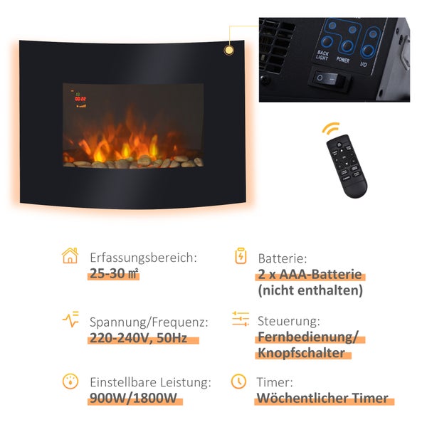 HOMCOM Elektrokamin, 65 x 11,4 x 52cm, Metall, Sicherheitsglas, Schwarz
