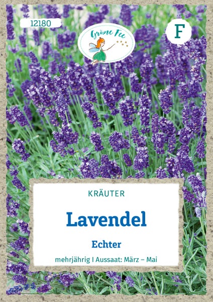 Samentüte für Echten Lavendel der Marke Grüne Fee, Kräuter, mehrjährig, Aussaat von März bis Mai, Grüne Fee Logo, Preisgruppe F.