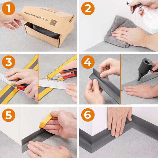 Sechsstufige Montageanleitung für eine flexible, selbstklebende Sockelleiste: Auspacken, Reinigen, 45 Grad Zuschnitt, Erwärmen, Kleben und Andrücken.