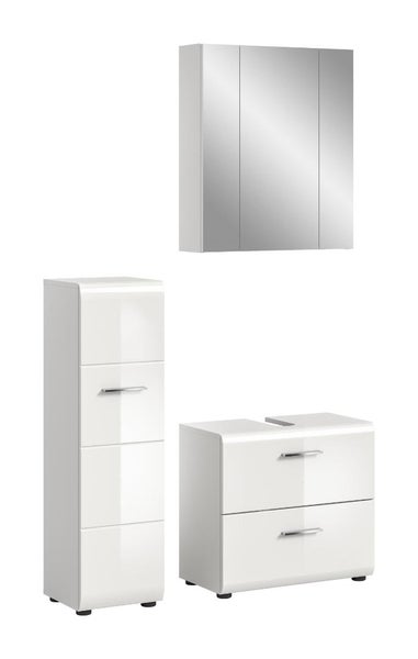 Badmöbel-Set bestehend aus Spiegelschrank mit drei Türen, Hochschrank und Waschbeckenunterschrank in Weiß Hochglanz.