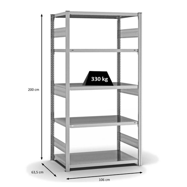 PROREGAL Fachbodenregal Stecksystem T-Profil Heavy-Duty Grundregal HxBxT 200 x 100 x 60 cm 5 Ebenen Fachlast 330 kg Beidseitig Nutzbar Verzinkt